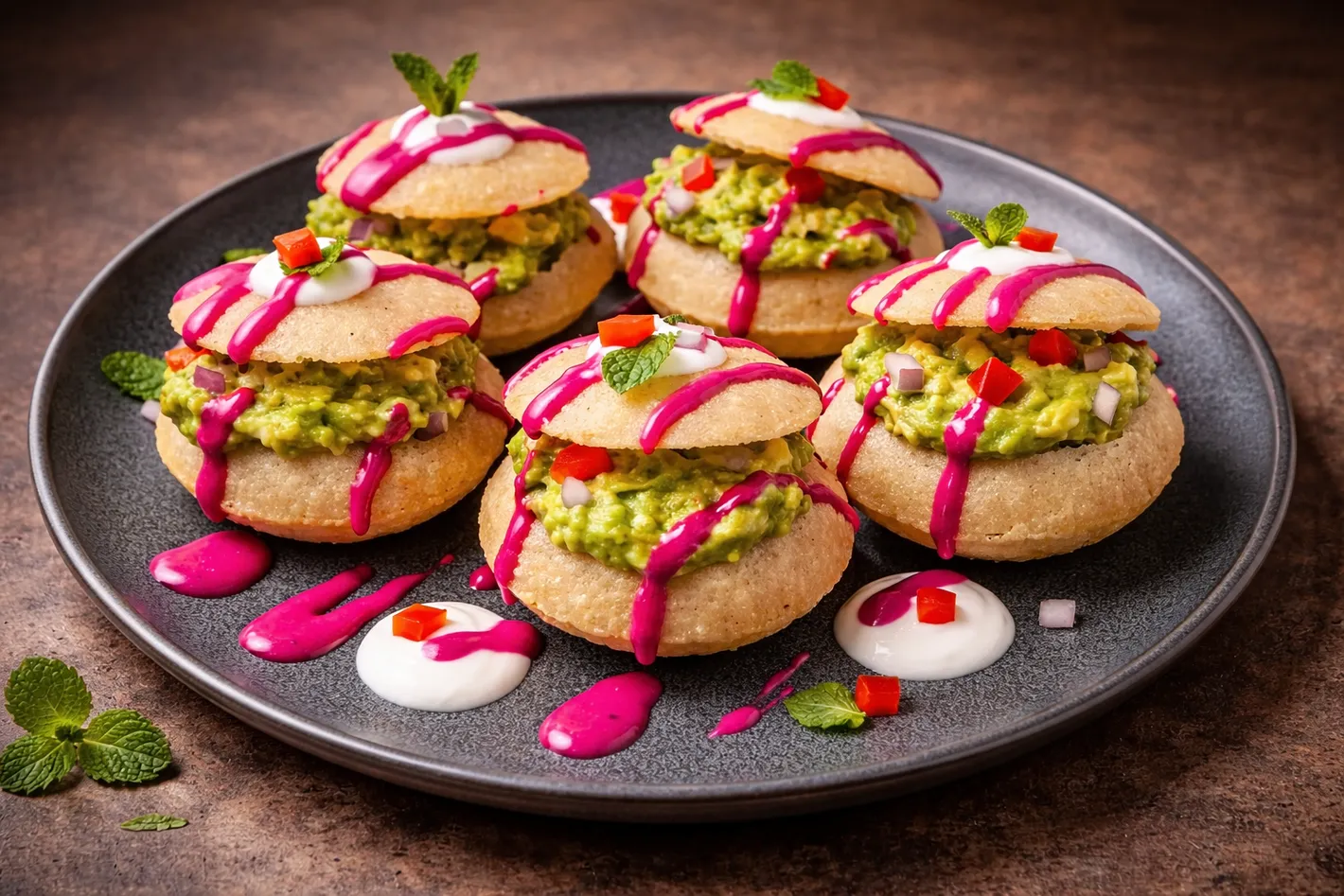 Guacamole Phuchka fusion appetizer served at Rasa Palladium Indian fusion restaurant in Calgary